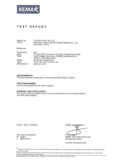 KEMA Test Report of 33kV Cold Shrink Joint