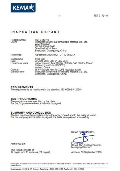 KEMA Inspection Report of 15kV Cold Shrink Joint